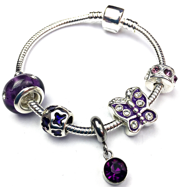 Children's 'February Birthstone' Amethyst Coloured Crystal Silver Plated Charm Bead Bracelet by Liberty Charms