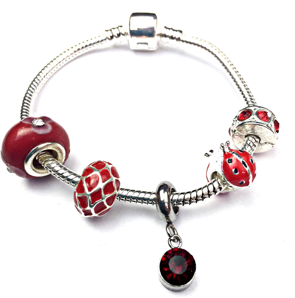 Children's 'July Birthstone' Ruby Coloured Crystal Silver Plated Charm Bead Bracelet by Liberty Charms