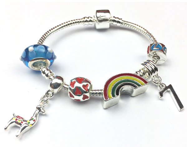 Children's 'Lovely Llama 7th Birthday' Silver Plated Charm Bead Bracelet by Liberty Charms
