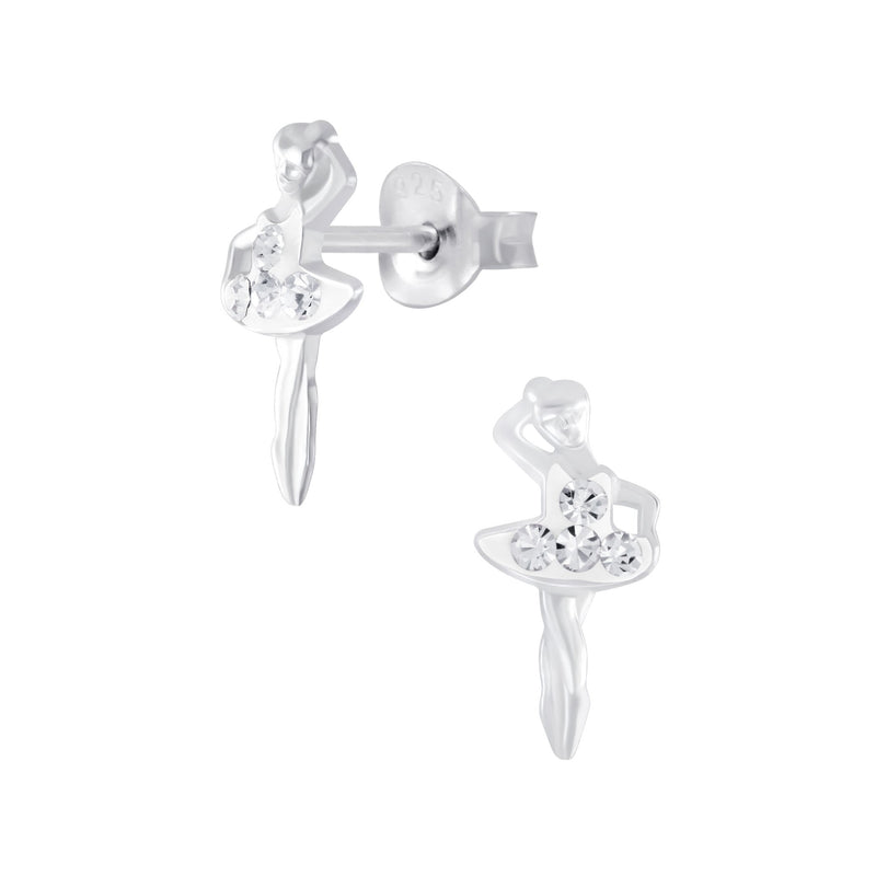 Children's Sterling Silver Ballerina With Clear Diamante Dress Stud Earrings by Liberty Charms