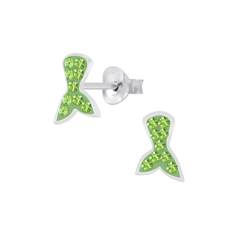 Children's Sterling Silver 'Peridot Green Sparkle Mermaid Tail' Stud Earrings by Liberty Charms