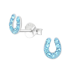 Children's Sterling Silver 'Blue Sparkle Horseshoe' Crystal Stud Earrings by Liberty Charms