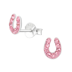 Children's Sterling Silver 'Pink Sparkle Horseshoe' Crystal Stud Earrings by Liberty Charms