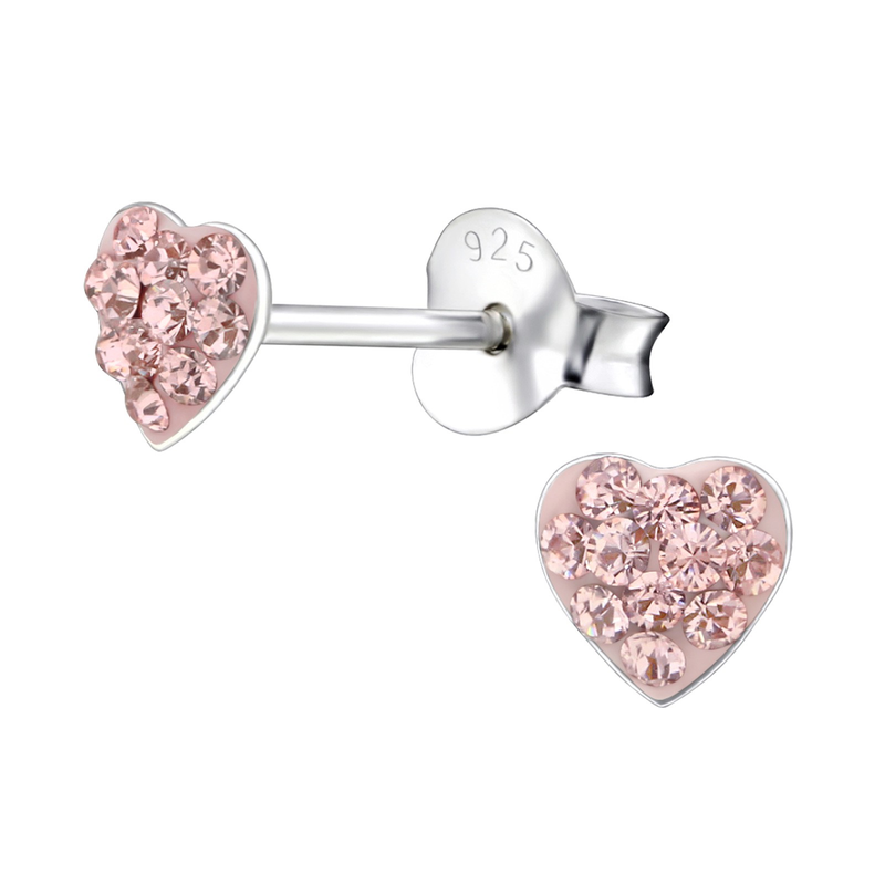 Children's Sterling Silver 'Vintage Rose Crystal Heart' Stud Earrings by Liberty Charms