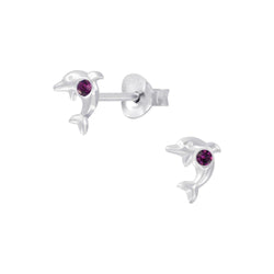 Children's Sterling Silver 'February Birthstone' Dolphin Stud Earrings by Liberty Charms