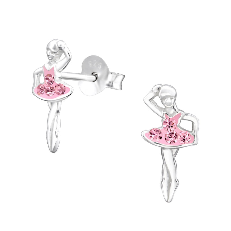 Children's Sterling Silver Ballerina With Pink Diamante Dress Stud Earrings by Liberty Charms