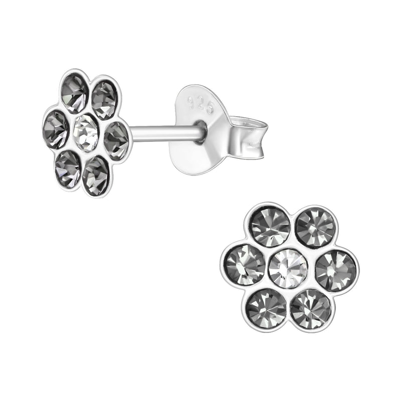 Children's Sterling Silver 'Black Diamond' Diamante Flower Stud Earrings by Liberty Charms