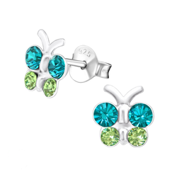 Children's Sterling Silver Blue and Green Diamante Butterfly Stud Earrings by Liberty Charms