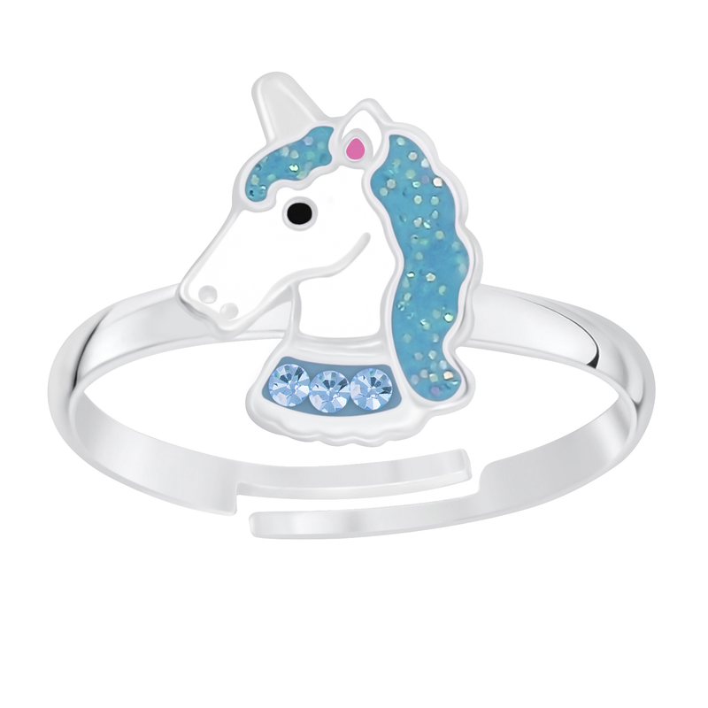 Children's Sterling Silver Adjustable Blue Sparkle Unicorn Ring by Liberty Charms