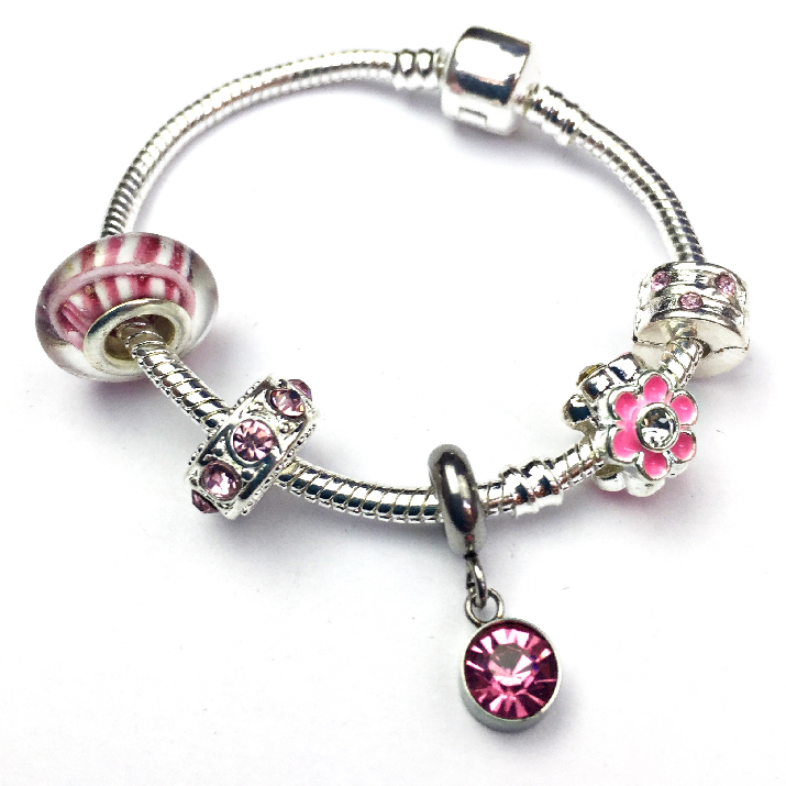 Children's 'October Birthstone' Rose Coloured Crystal Silver Plated Charm Bead Bracelet by Liberty Charms