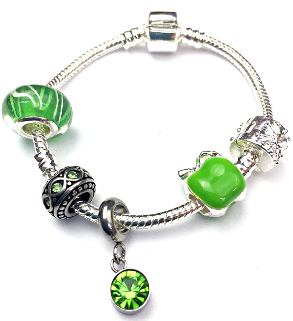 Children's 'August Birthstone' Peridot Coloured Crystal Silver Plated Charm Bead Bracelet by Liberty Charms