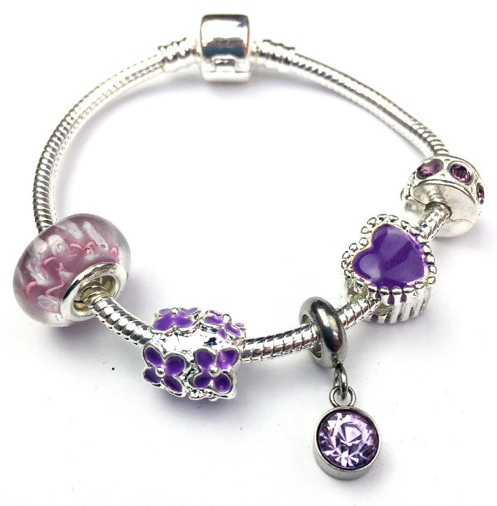 Children's 'June Birthstone' Amethyst Coloured Crystal Silver Plated Charm Bead Bracelet by Liberty Charms