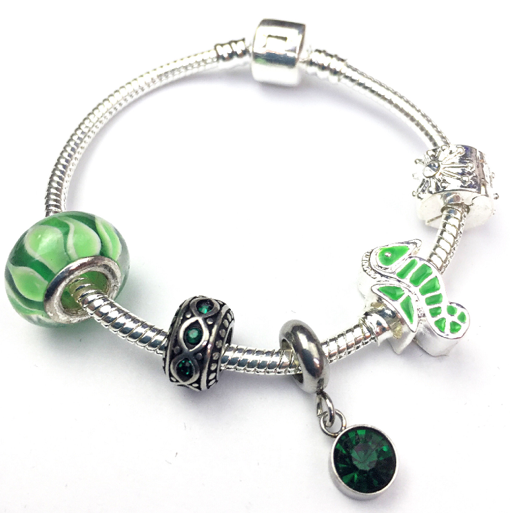 Children's 'May Birthstone' Emerald Coloured Crystal Silver Plated Charm Bead Bracelet by Liberty Charms