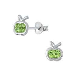 Children's Sterling Silver Green Crystal Apple Stud Earrings by Liberty Charms