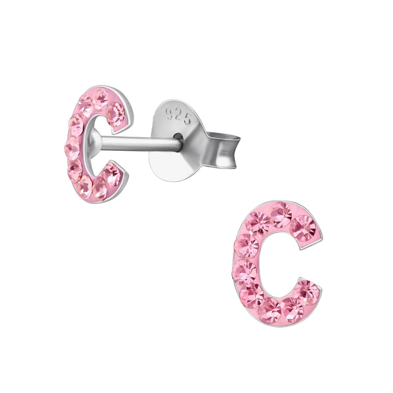Children's Sterling Silver 'Letter C' Pink Crystal Stud Earrings by Liberty Charms