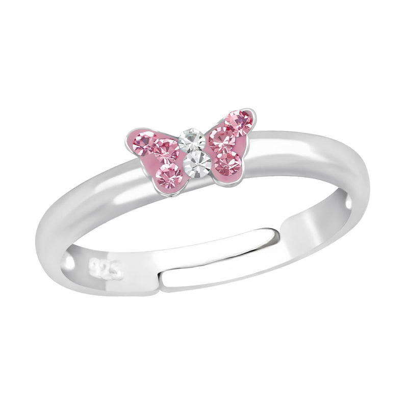 Children's Sterling Silver Adjustable Pink Diamante Butterfly Ring by Liberty Charms