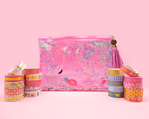 Pink Flamingo Pencil Pouch & Washi Tape Set