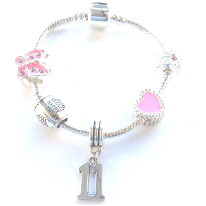Children's Pink 'Happy 11th Birthday' Silver Plated Charm Bead Bracelet by Liberty Charms