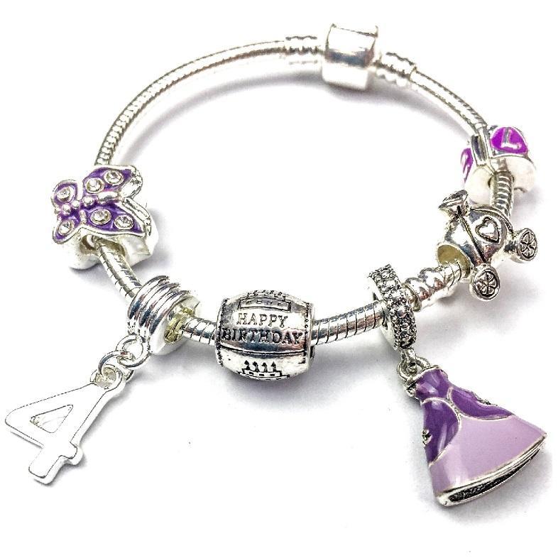 Children's 'Purple Princess 4th Birthday' Silver Plated Charm Bead Bracelet by Liberty Charms