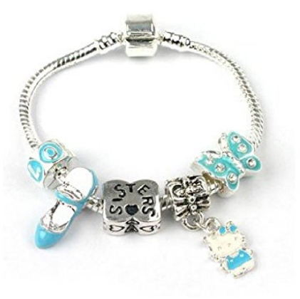 Children's Sisters 'Blue Kitty Cat' Silver Plated Charm Bead Bracelet by Liberty Charms