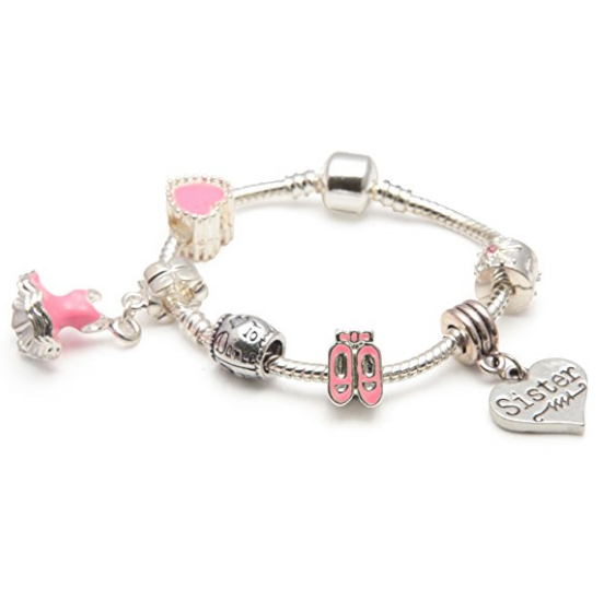 pink dance sister bracelet with charms and beads