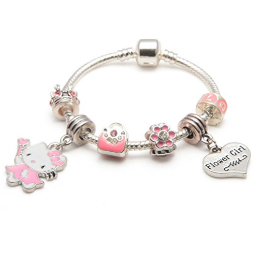 Children's Flower Girl 'Pink Kitty Cat Glamour' Silver Plated Charm Bead Bracelet by Liberty Charms
