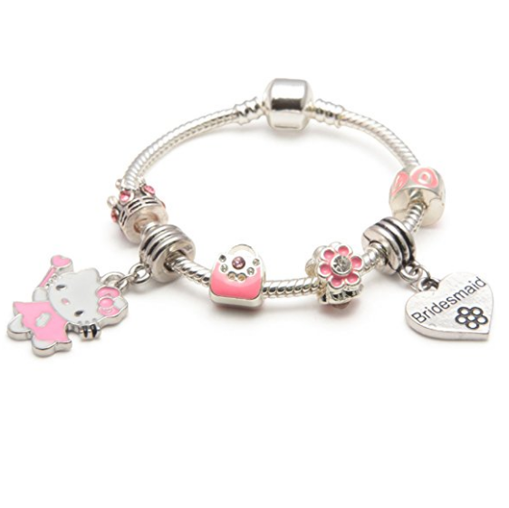 Children's Bridesmaid 'Pink Kitty Cat Glamour' Silver Plated Charm Bead Bracelet by Liberty Charms