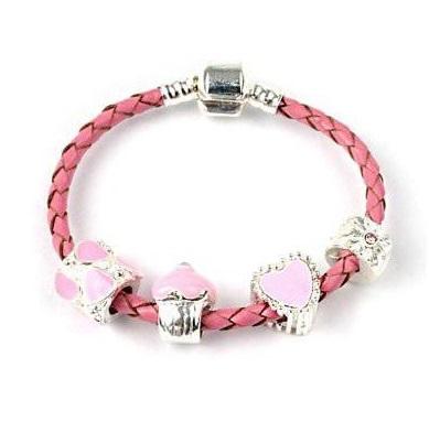 Children's 'Love and Kisses' Silver Plated Pink Leather Charm Bead Bracelet by Liberty Charms