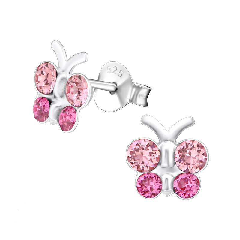 Children's Sterling Silver Pink Diamante Butterfly Stud Earrings by Liberty Charms
