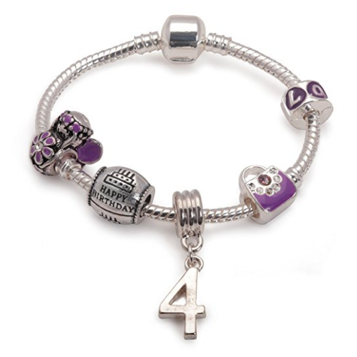 Children's Purple 'Happy 4th Birthday' Silver Plated Charm Bead Bracelet by Liberty Charms