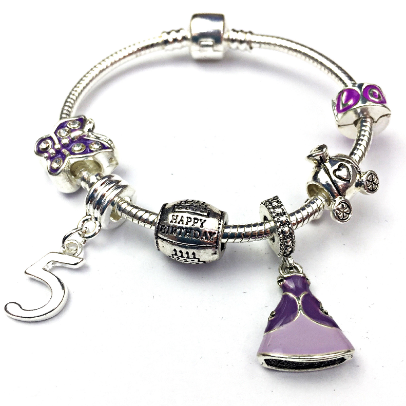 Children's 'Purple Princess 5th Birthday' Silver Plated Charm Bead Bracelet by Liberty Charms