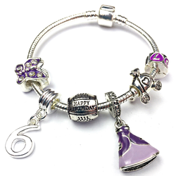 Children's 'Purple Princess 6th Birthday' Silver Plated Charm Bead Bracelet by Liberty Charms