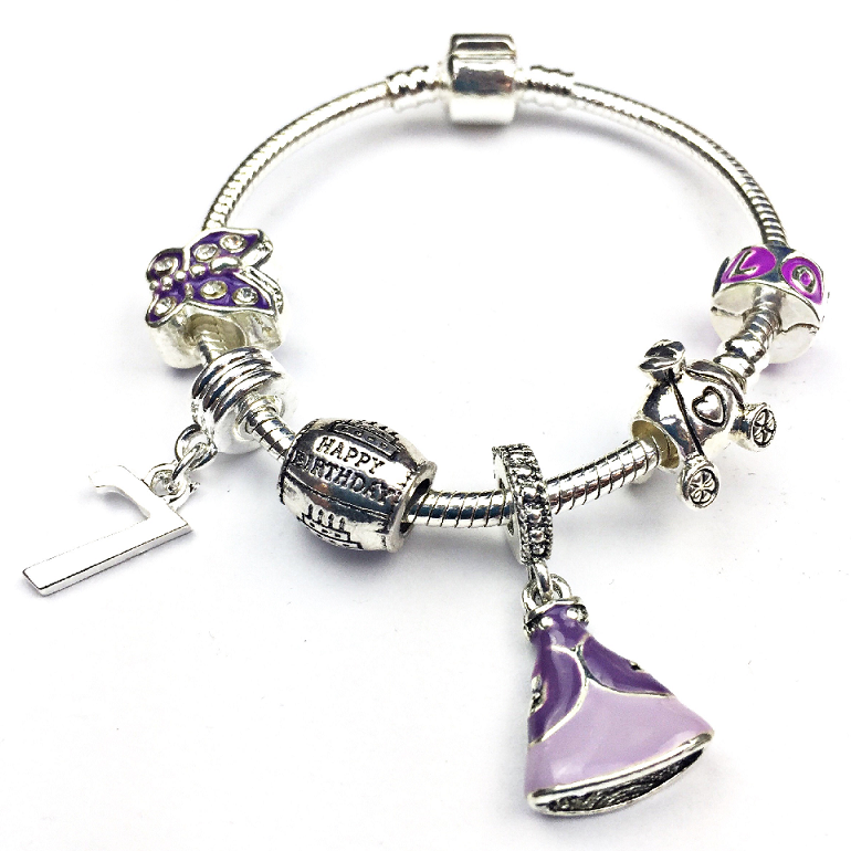 Children's 'Purple Princess 7th Birthday' Silver Plated Charm Bead Bracelet by Liberty Charms