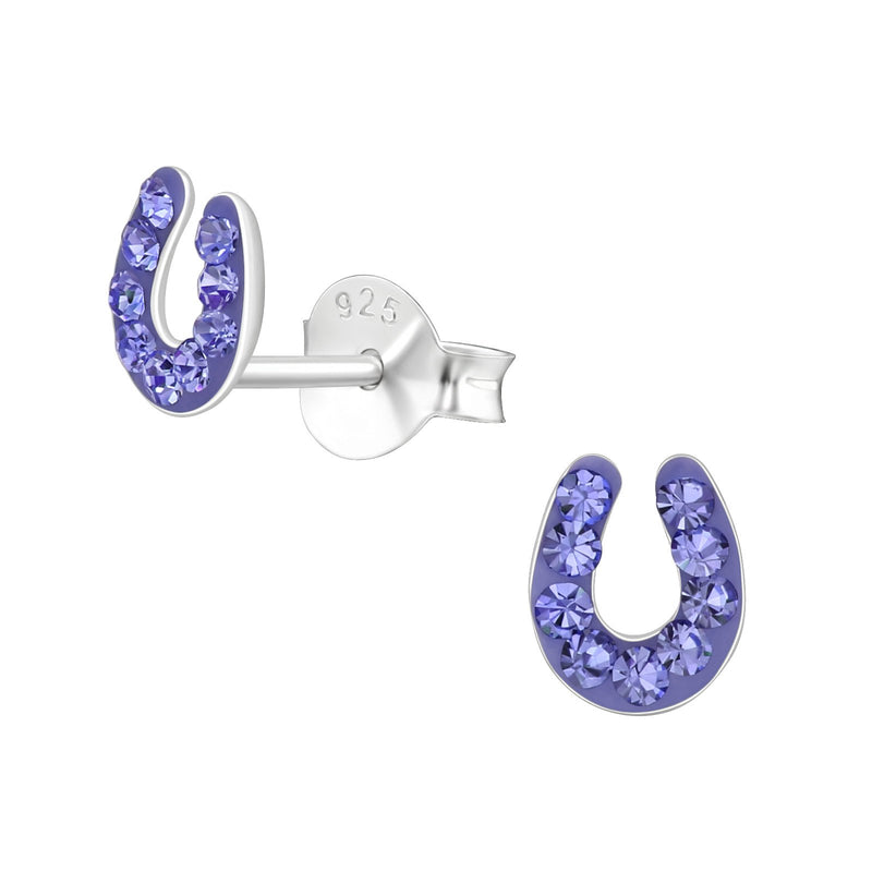 Children's Sterling Silver 'Purple Sparkle Horseshoe' Crystal Stud Earrings by Liberty Charms