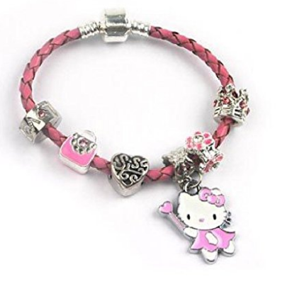 Children's Sis 'Pink Kitty Cat Glamour' Pink Braided Leather Charm Bead Bracelet by Liberty Charms
